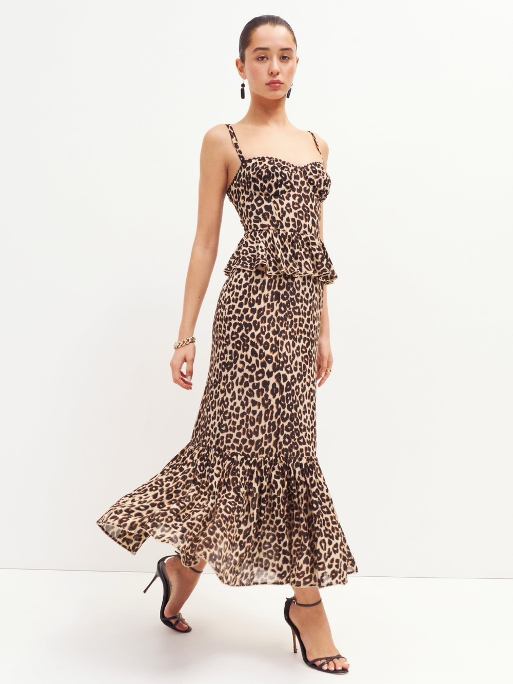 Reformation Felda Animal Print Ruffle Trim Bustier Tiered Maxi Dress Size 4